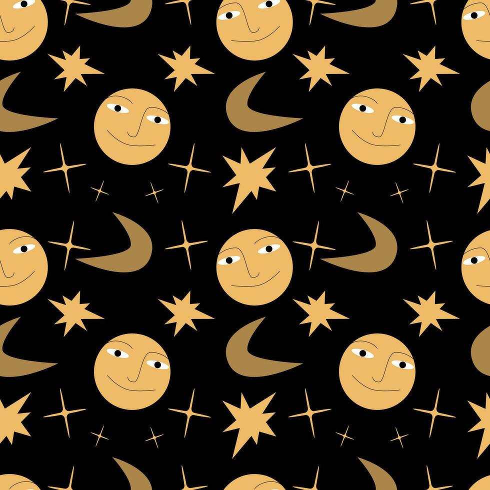 vector naadloos mystiek patroon. maan, glimlachen gezicht en sterren Aan zwart achtergrond