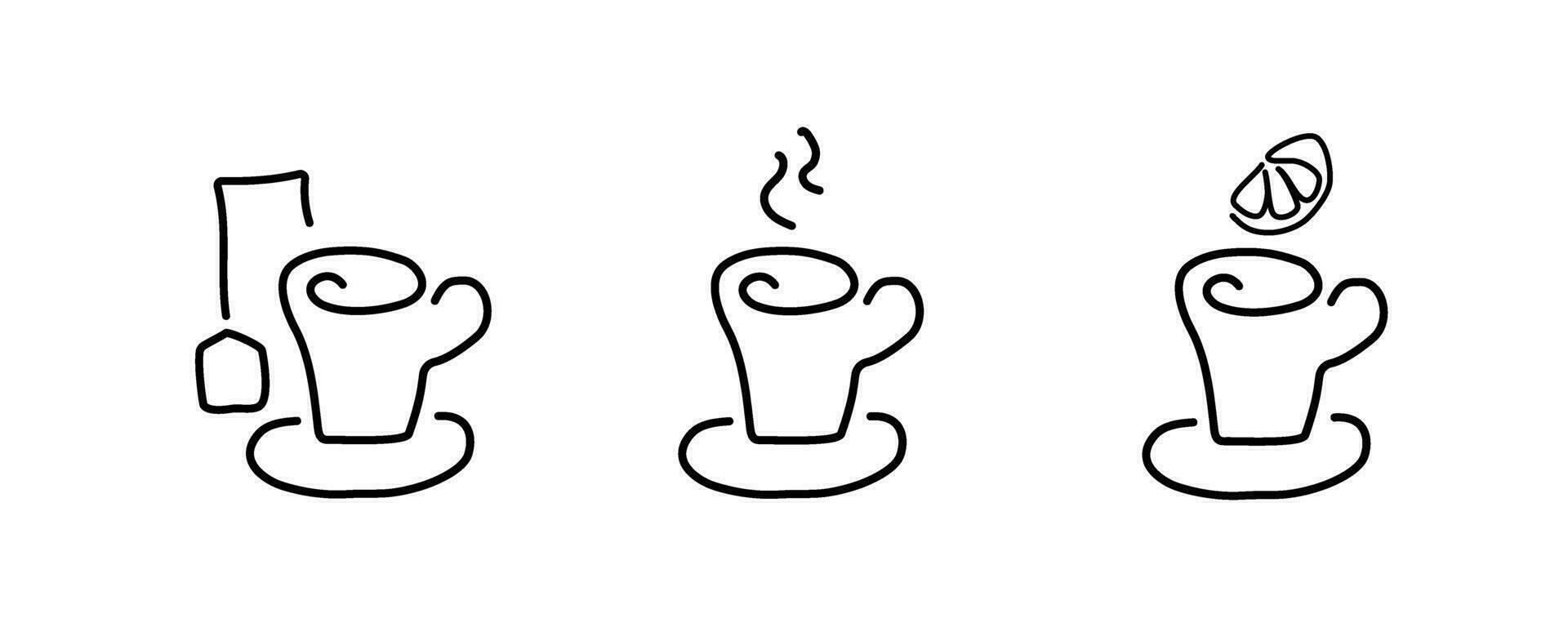 een reeks van thee kopjes, met een thee zak en een plak van citroen, contour zwart lineair silhouetten. vector lineair pictogrammen voor menu, website, cafe ontwerp