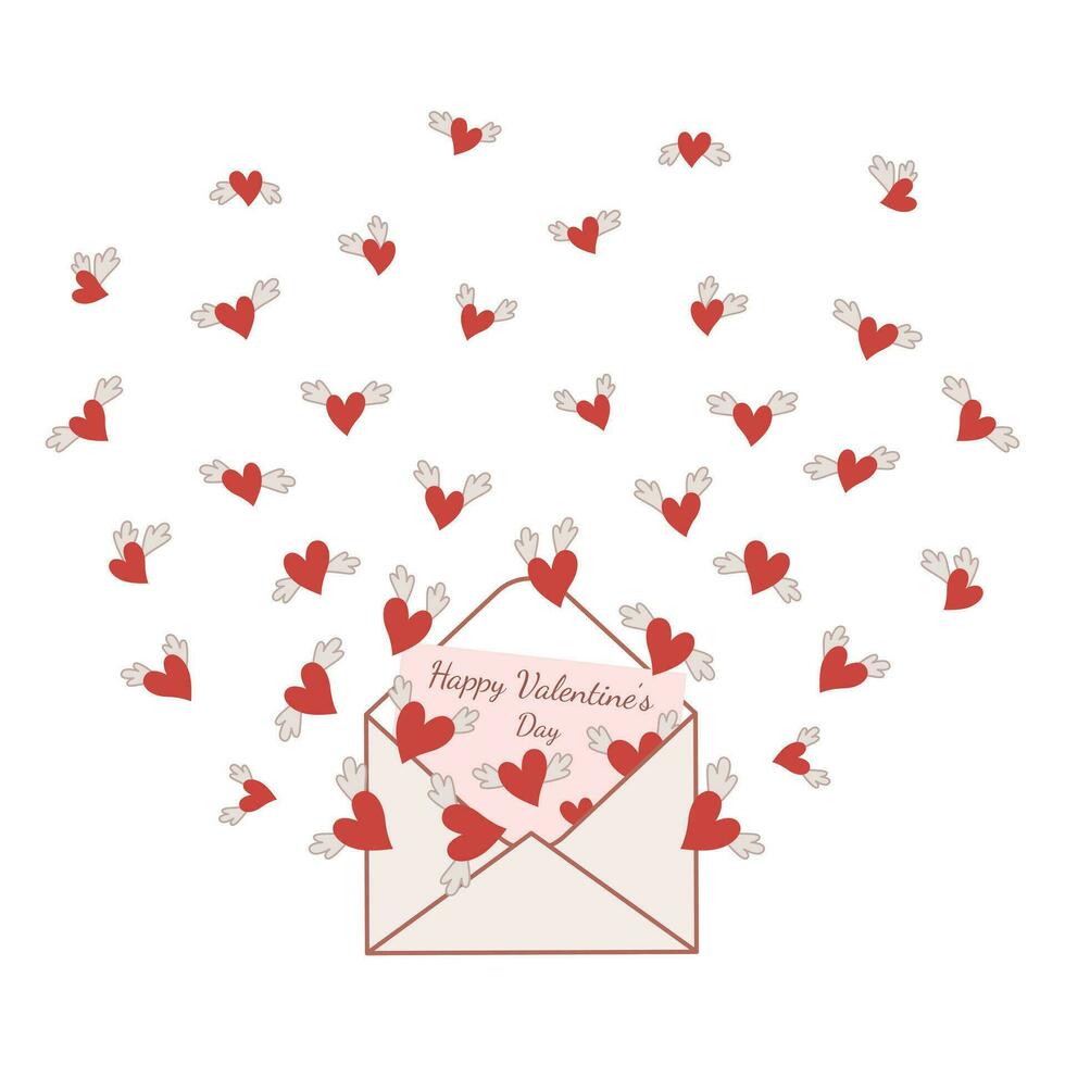 rood harten symbool van Valentijnsdag dag vlieg uit van een envelop met een bericht. vector illustratie Aan een wit achtergrond.