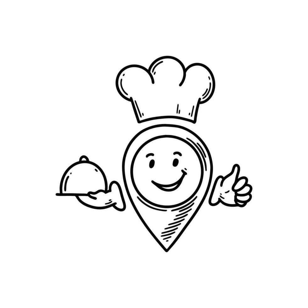 schattig lijn tekening restaurant plaats pin emoji. uit de vrije hand schetsen lokaliseren. kaart adres grappig emoticon. glimlachen grappig karakter vector