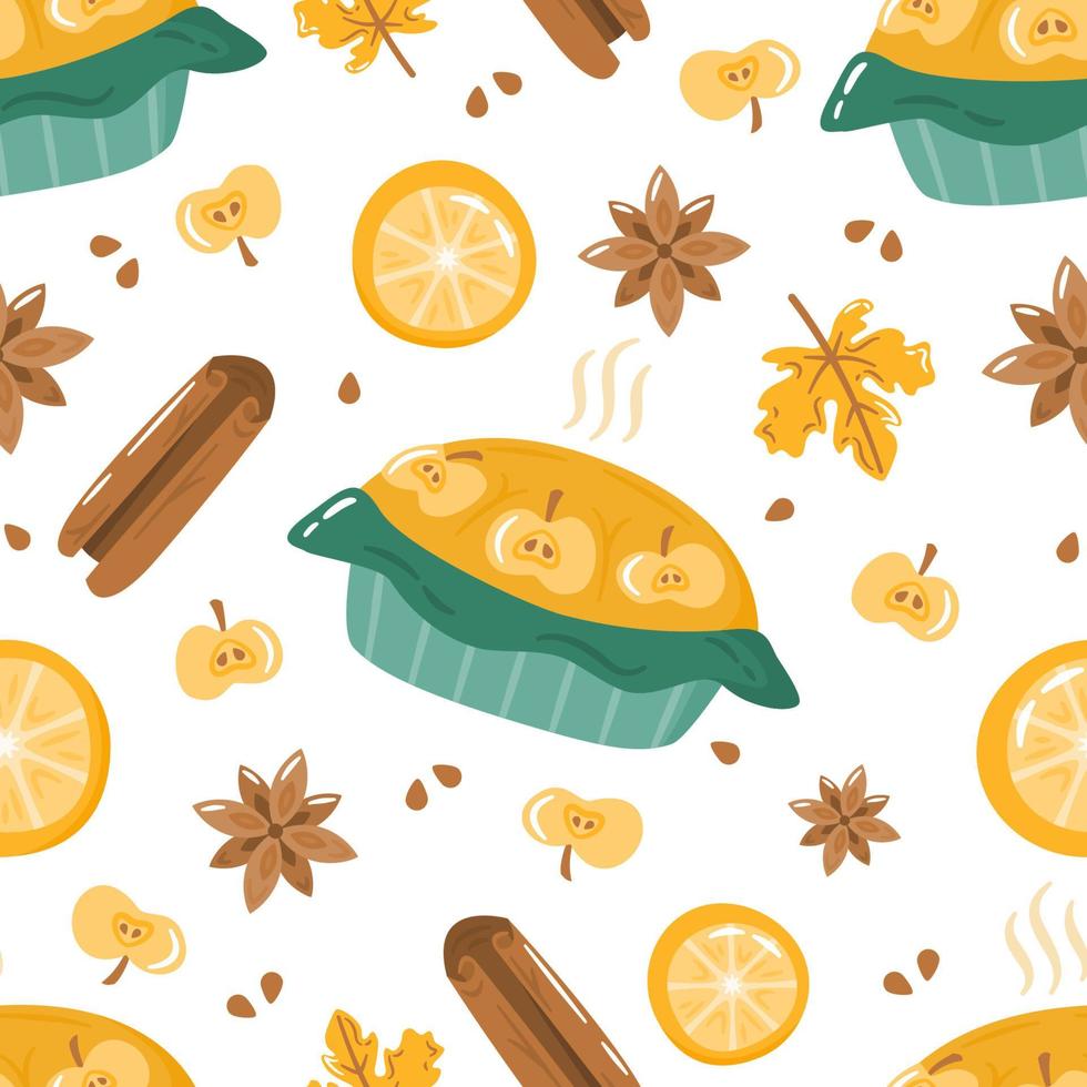 herfst naadloos patroon met schattige kleurrijke appeltaart, kruiden en citroen. cartoon herfstelementen voor stof, textiel, inpakpapier, behang. vector