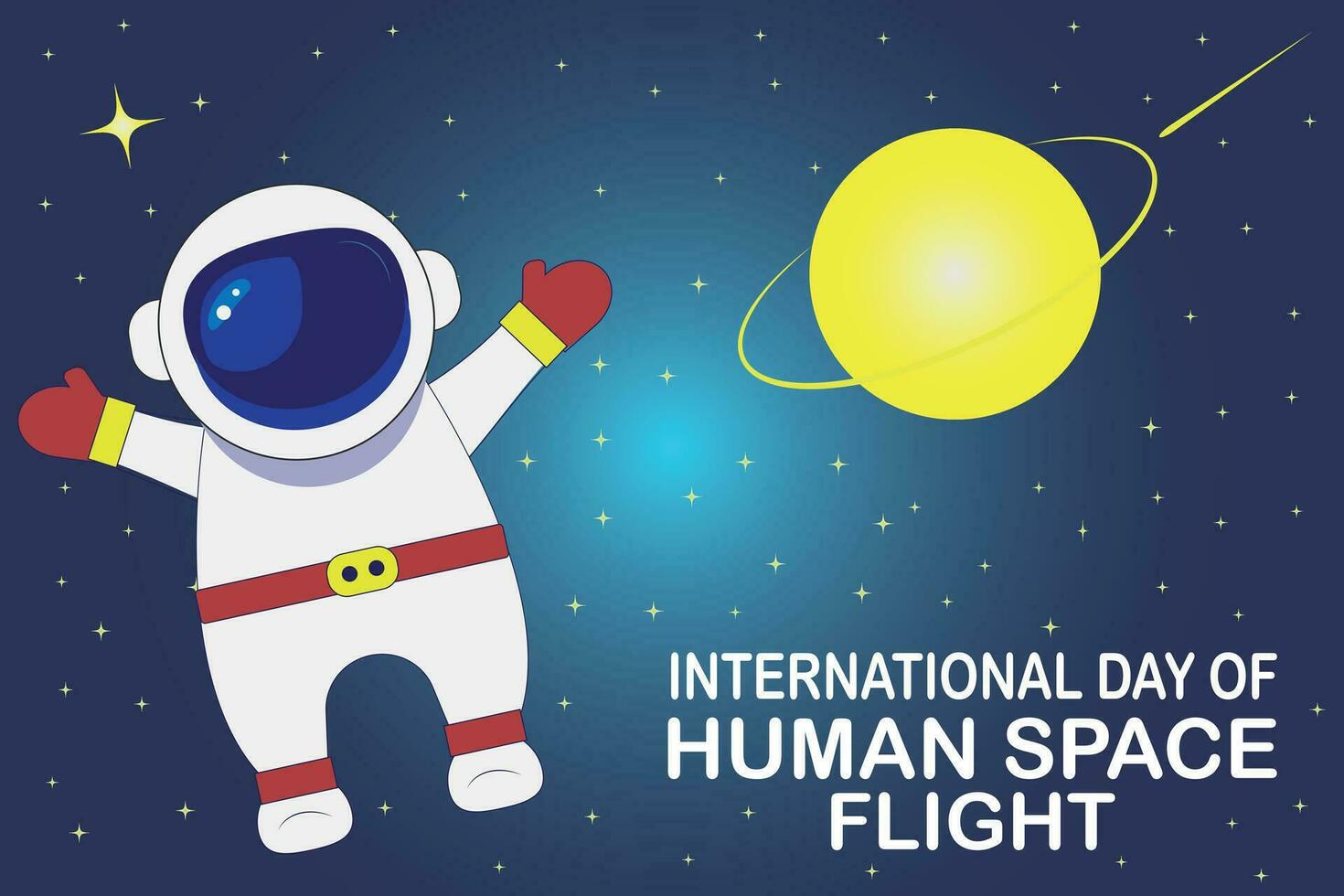 Internationale dag van menselijk ruimte vlucht banier achtergrond. figuur van een astronaut in ruimte. vector illustratie