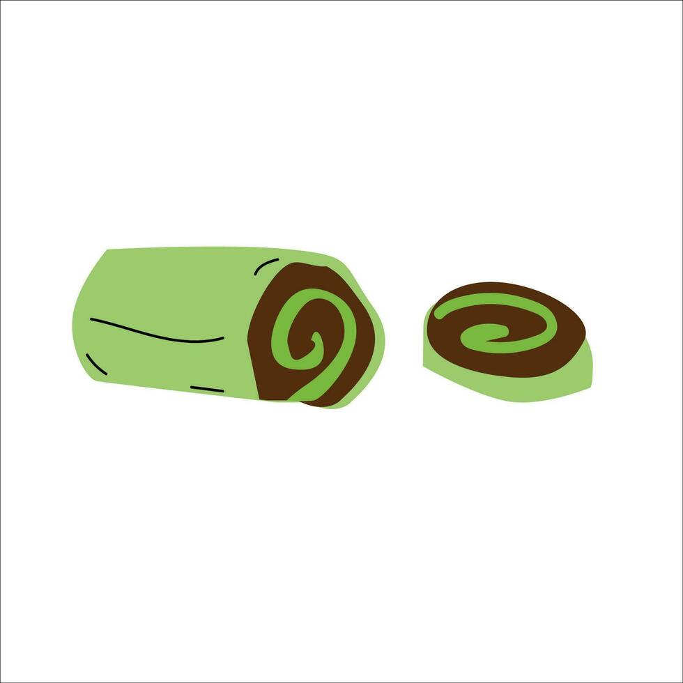 groen matcha rollen met room en noten. vector illustratie kan gebruikt voor bakkerij kaart. groen thee toetje - gezond Product. chocola rollen met matcha room.