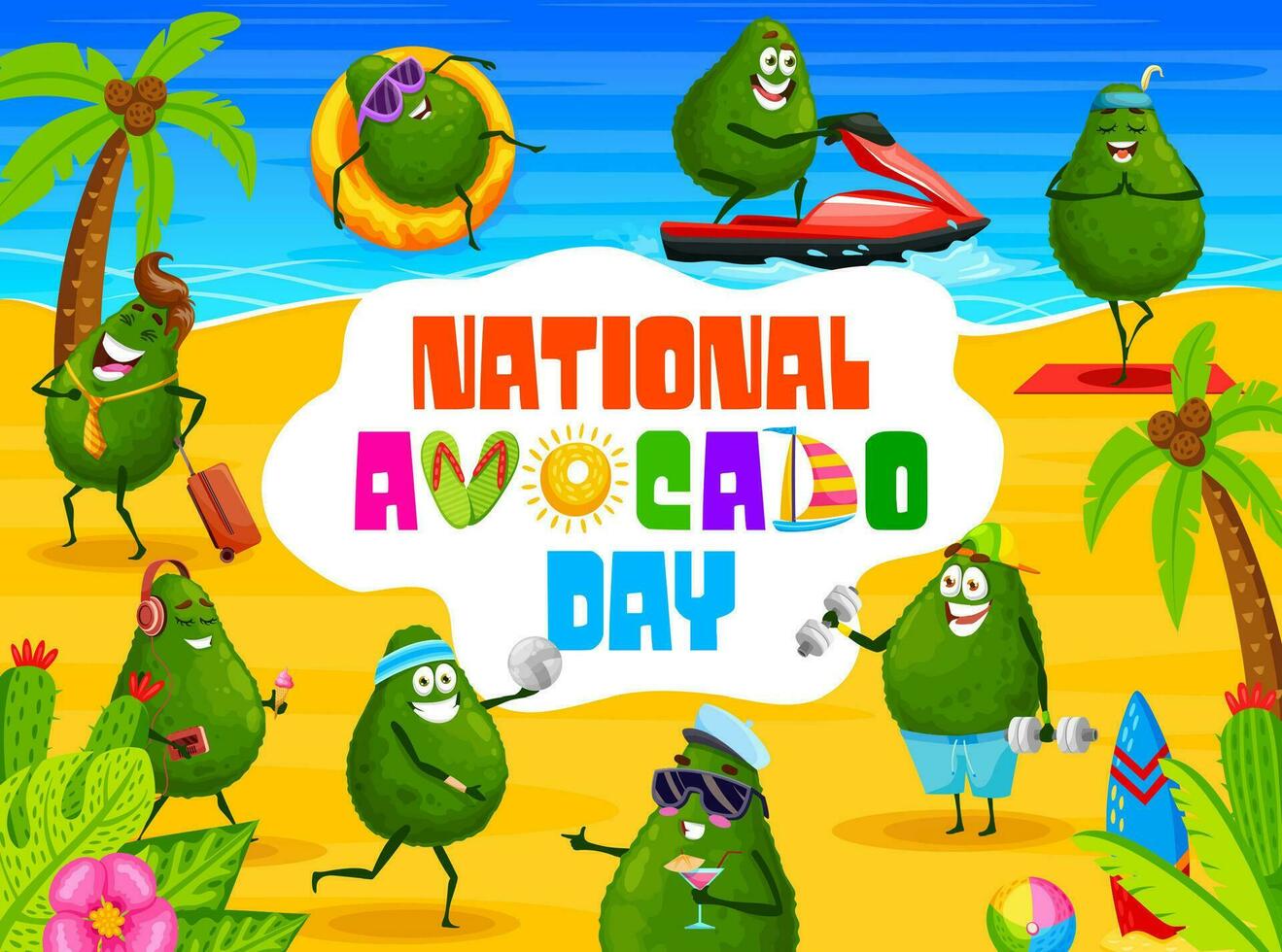 avocado dag banier, tekenfilm grappig Mexicaans avocado's vector