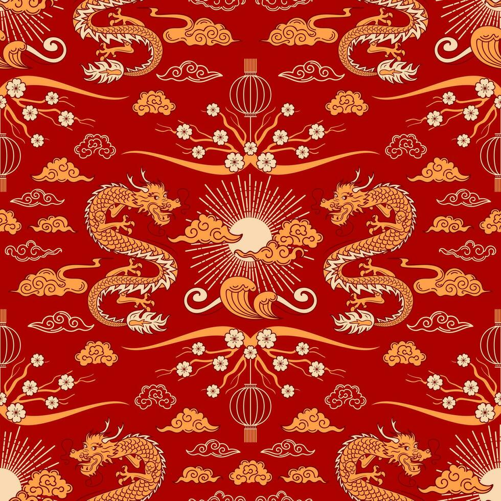 naadloos patroon Chinese nieuw jaar van de houten draak. zon en wolken. helder vector wijnoogst illustratie, Aziatisch stijl. papier lantaarns, skaura bloemen. voor behang, kleding stof, inpakken, achtergrond.