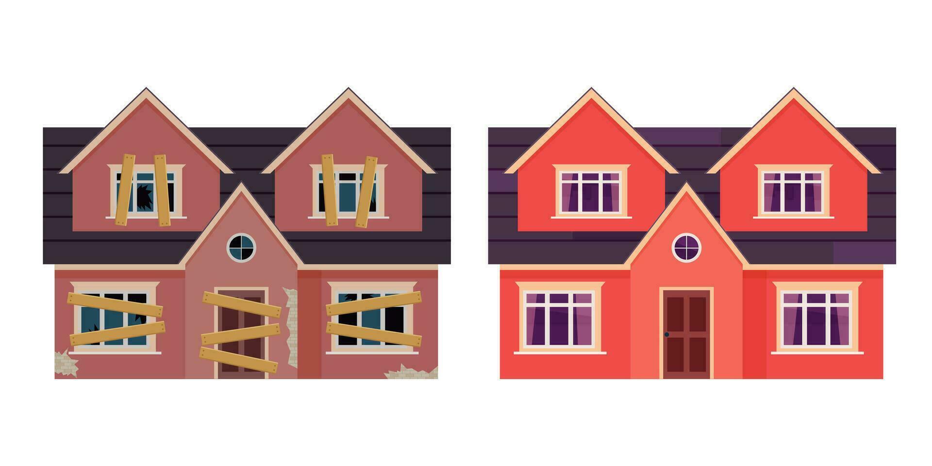 verlaten huis. huis vernieuwing. huis voordat en na reparatie. nieuw en oud buitenwijk huisje. vector illustratie in een vlak stijl