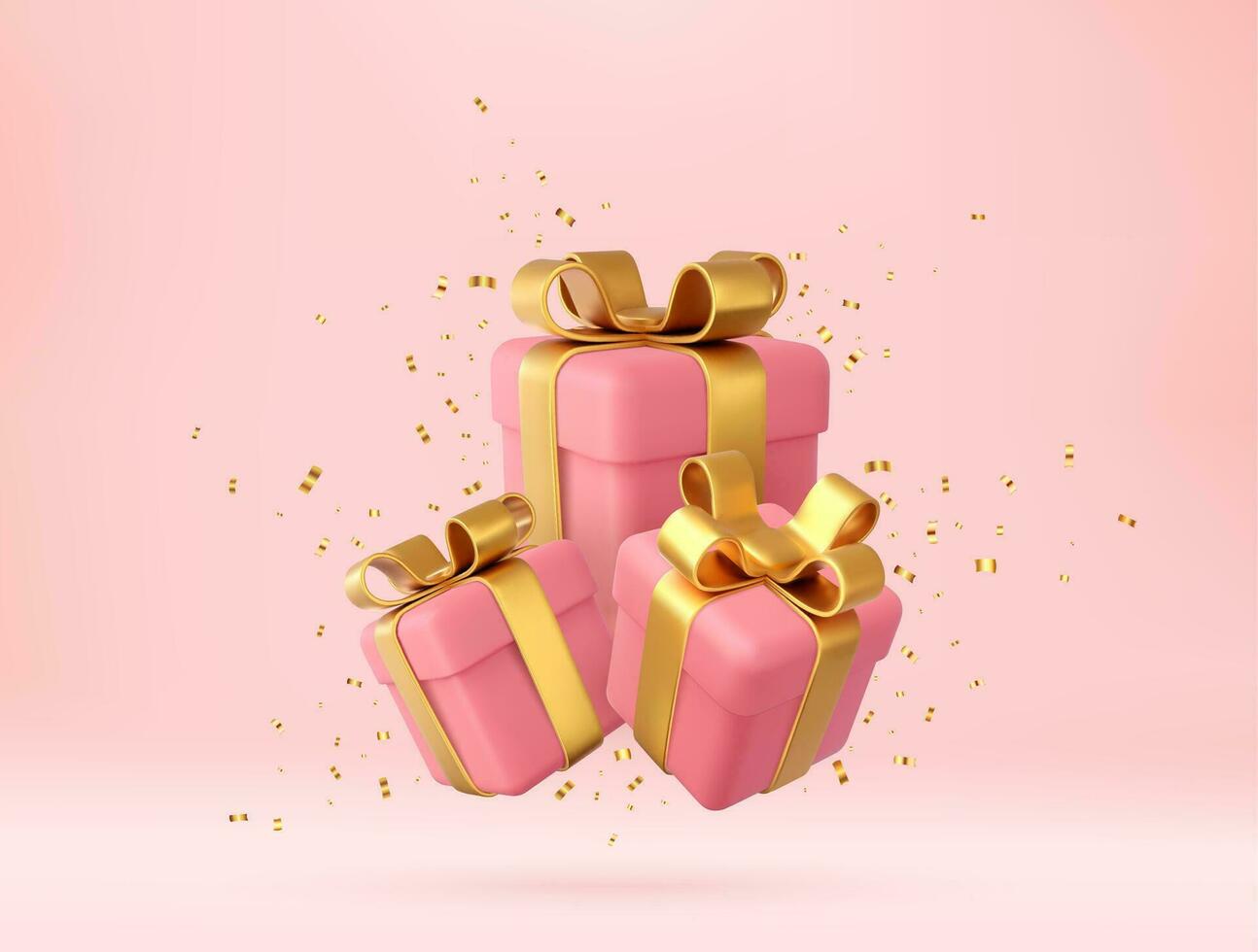 3d roze geschenk dozen met gouden lint en boog en goud pailletten confetti. verjaardag viering concept. vrolijk nieuw jaar en vrolijk Kerstmis geschenk dozen met gouden bogen. 3d weergave. vector illustratie