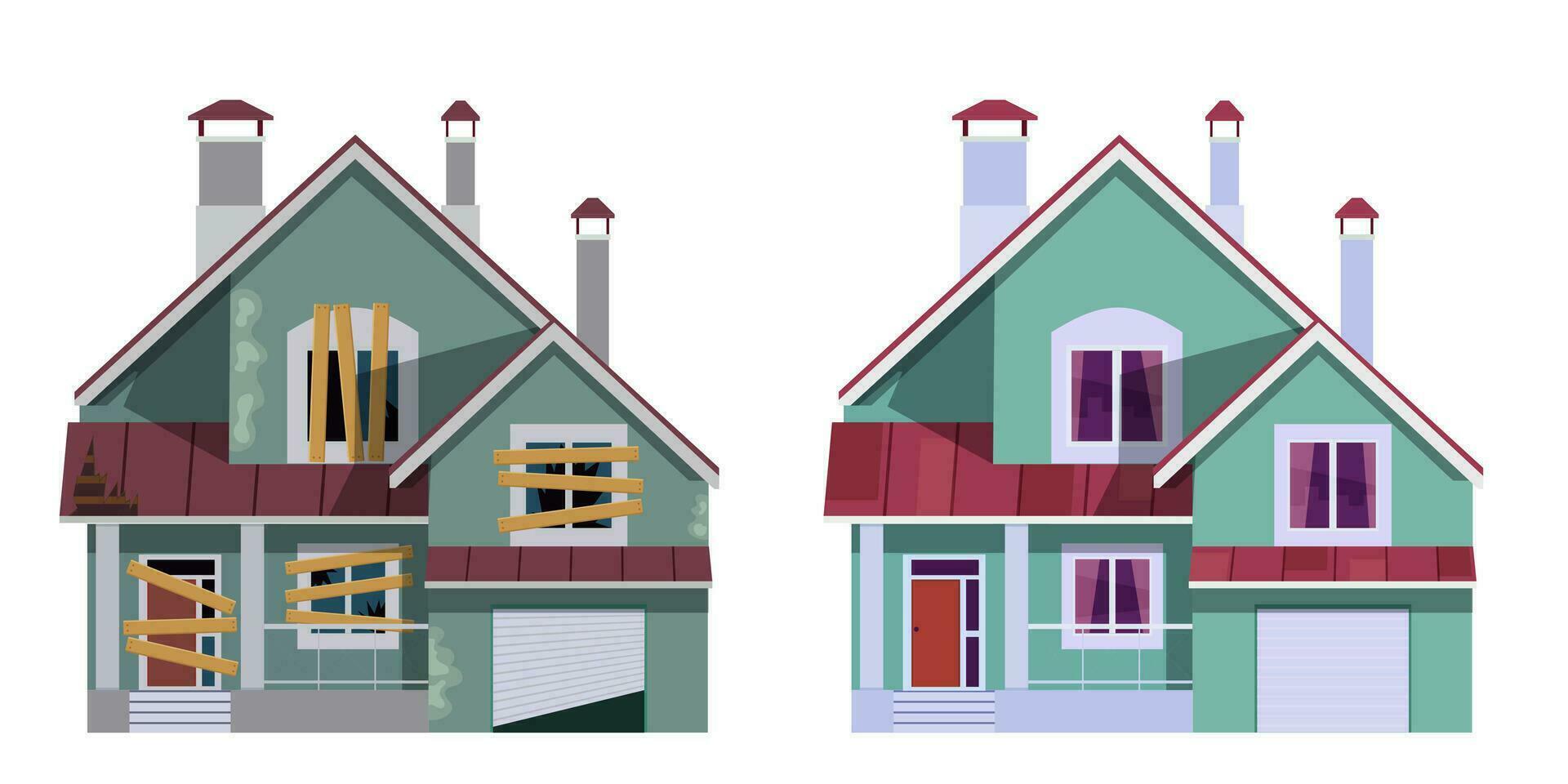 verlaten huis. huis vernieuwing. huis voordat en na reparatie. nieuw en oud buitenwijk huisje. vector illustratie in een vlak stijl