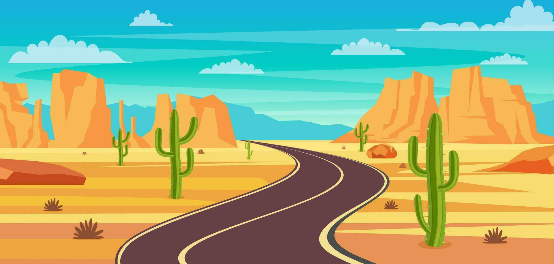 leeg snelweg weg in woestijn. zanderig woestijn landschap met weg, rotsen en cactussen. zomer western Amerikaans landschap. snelweg in Arizona of Mexico heet zand. vector illustratie in vlak stijl