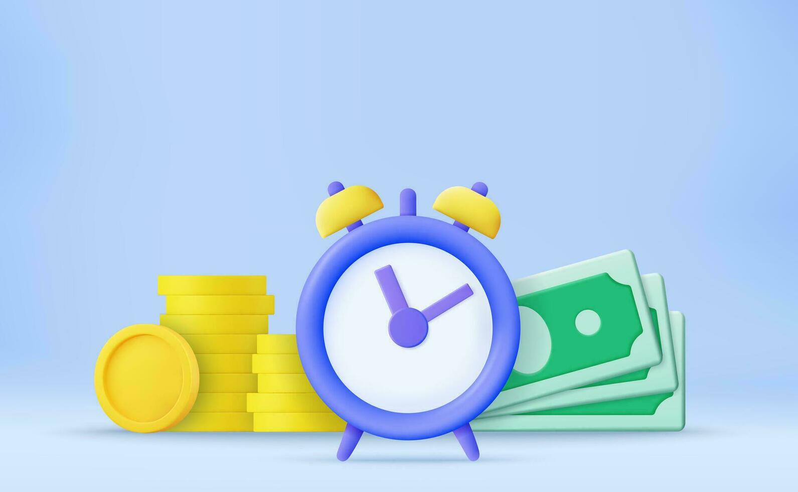 tijd is geld, bedrijf en financiën concept. snel betaling, klok en contant geld, snel lening, gemakkelijk credit. tijd geld besparing. timer en financiën. snel geld. 3d weergave. vector illustratie