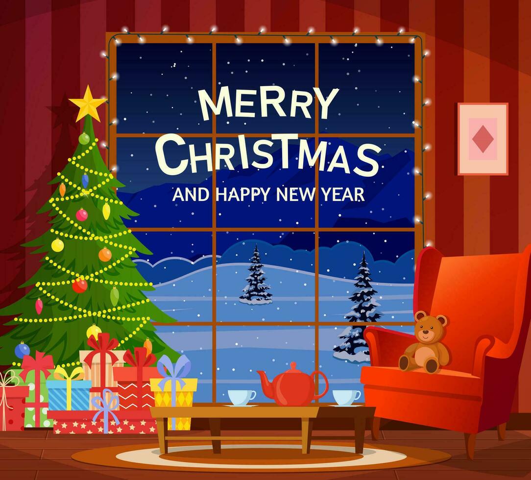 tekenfilm Kerstmis interieur van de leven kamer met een Kerstmis boom, cadeaus fauteuils. vrolijk Kerstmis en gelukkig nieuw jaar groet kaart achtergrond poster. vector illustratie