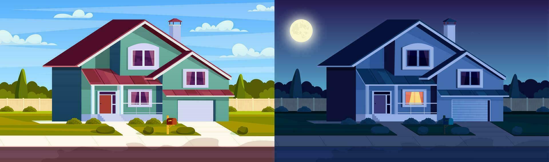 dag en nacht huis. straat in voorstad wijk met woon- huis. tekenfilm landschap met buitenwijk huisje. stad buurt met echt landgoed eigendom. vector illustratie in een vlak stijl