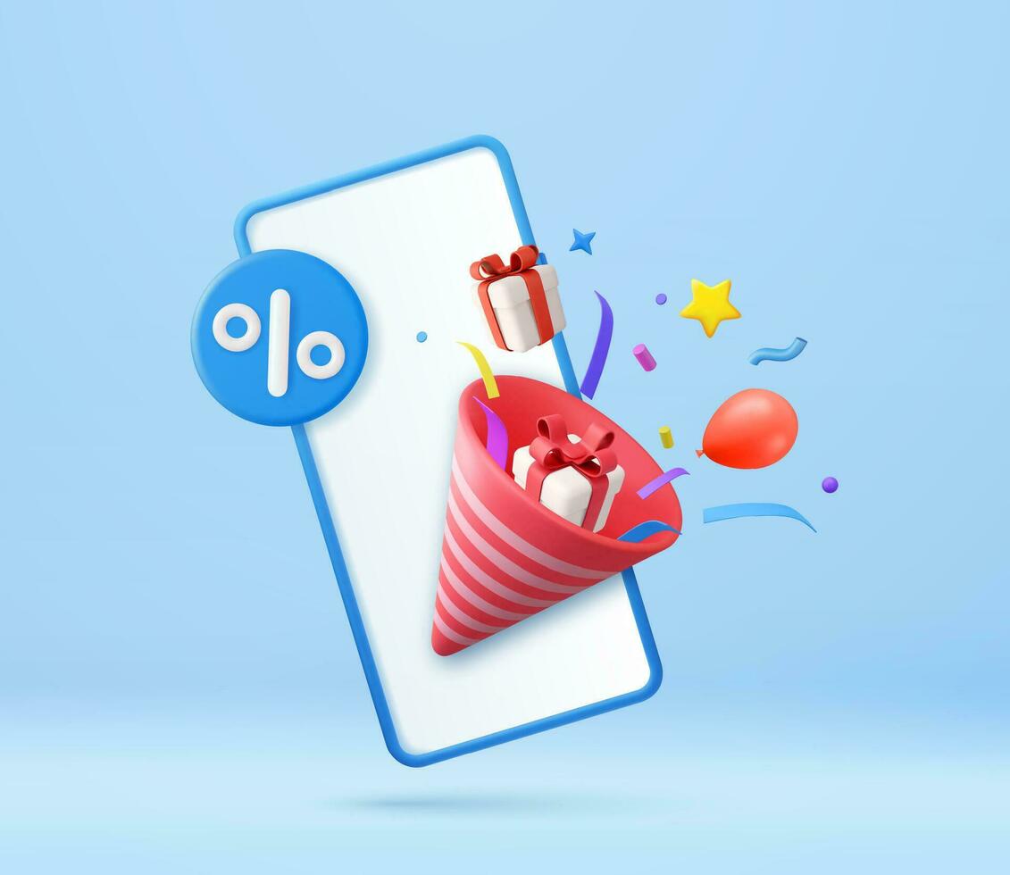 3d partij popper met confetti en geschenk dozen. online uitverkoop concept. vakantie kortingen Aan mobiel telefoon. 3d weergave. vector illustratie