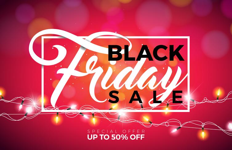 Black Friday verkoop vectorillustratie met verlichting Garland op glanzende achtergrond. Promotie ontwerpsjabloon voor spandoek of poster. vector