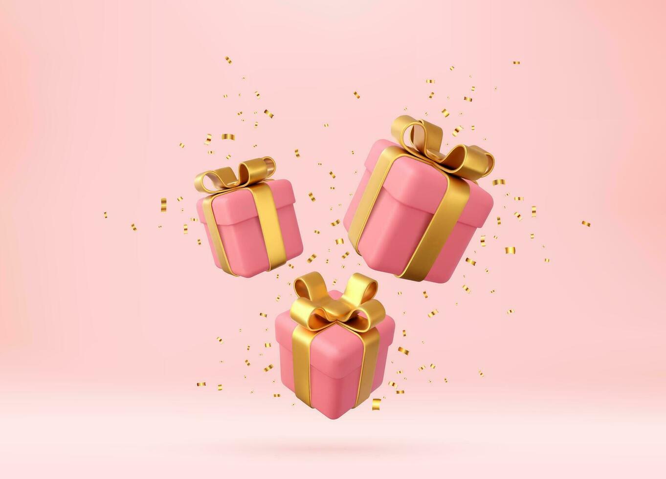 3d roze geschenk dozen met gouden lint en boog en goud pailletten confetti. verjaardag viering concept. vrolijk nieuw jaar en vrolijk Kerstmis geschenk dozen met gouden bogen. 3d weergave. vector illustratie