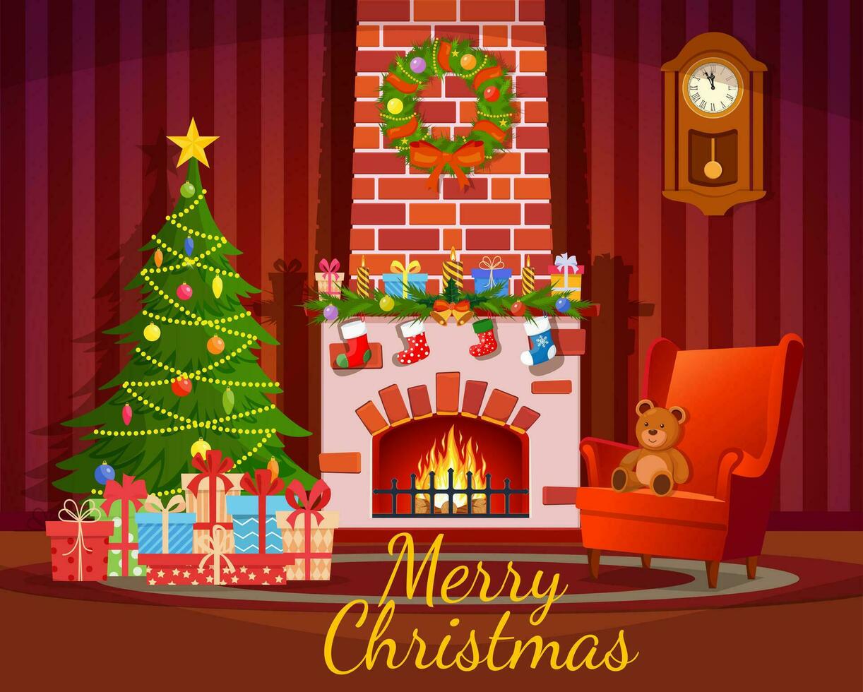 Kerstmis interieur van de leven kamer met een Kerstmis boom, cadeaus en een haard. vector illustratie
