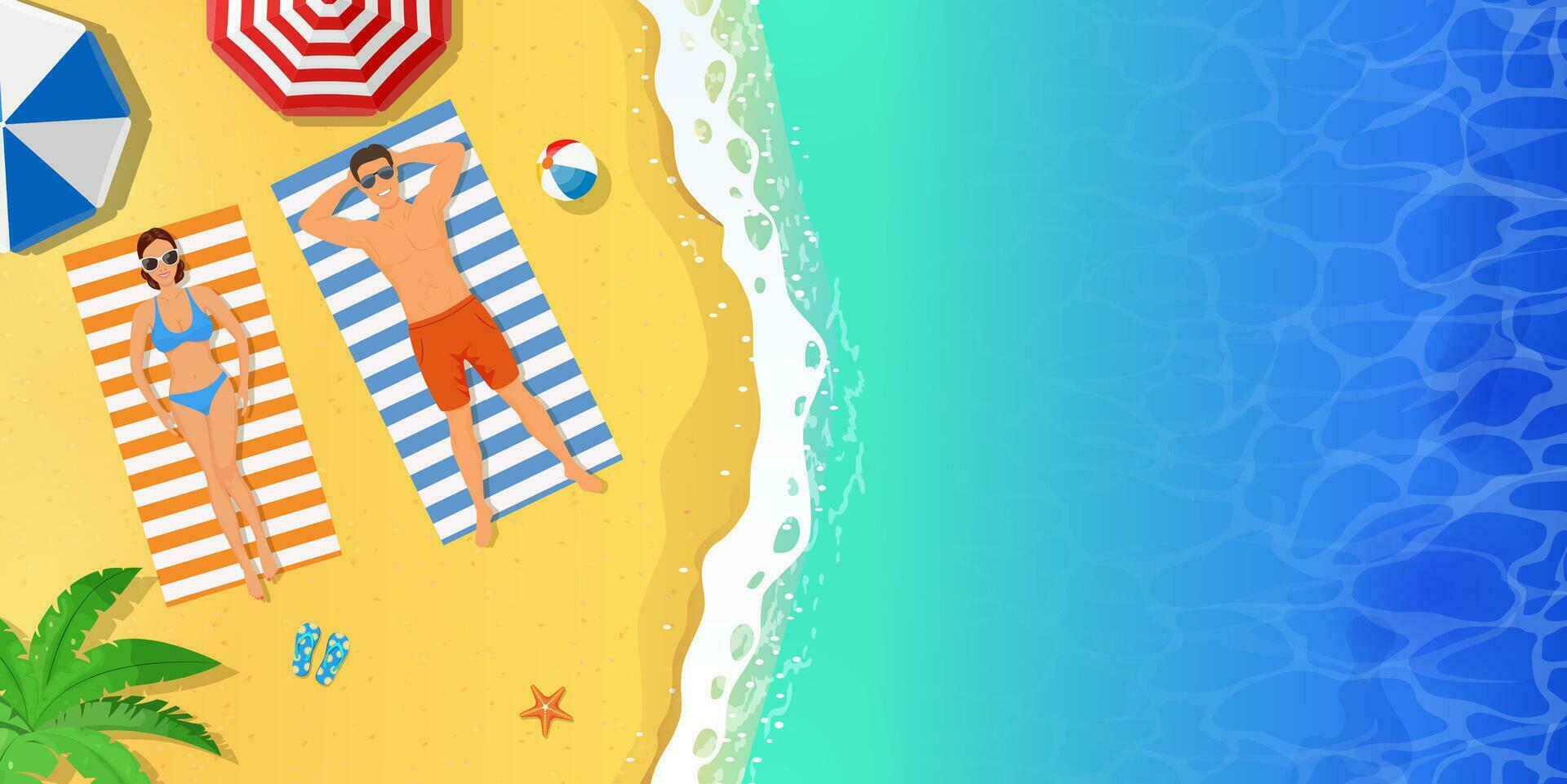 mooi jong vrouw en Mens zonnen Aan de strand. top visie van de aan het liegen mensen. banier, zomer vakantie Aan de zee strand. vector illustratie in vlak stijl