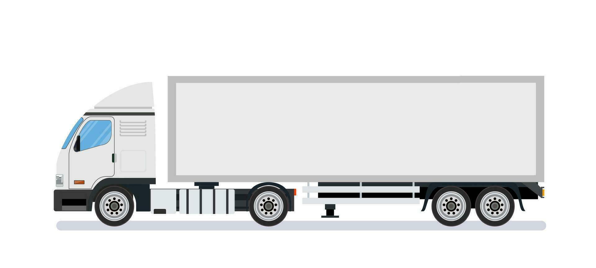 wit lang vrachtauto sjabloon, vrachtwagen, oplegger, kant visie. geïsoleerd Aan wit achtergrond. levering vrachtauto bestelwagen. levering onderhoud concept. vector illustratie in vlak stijl