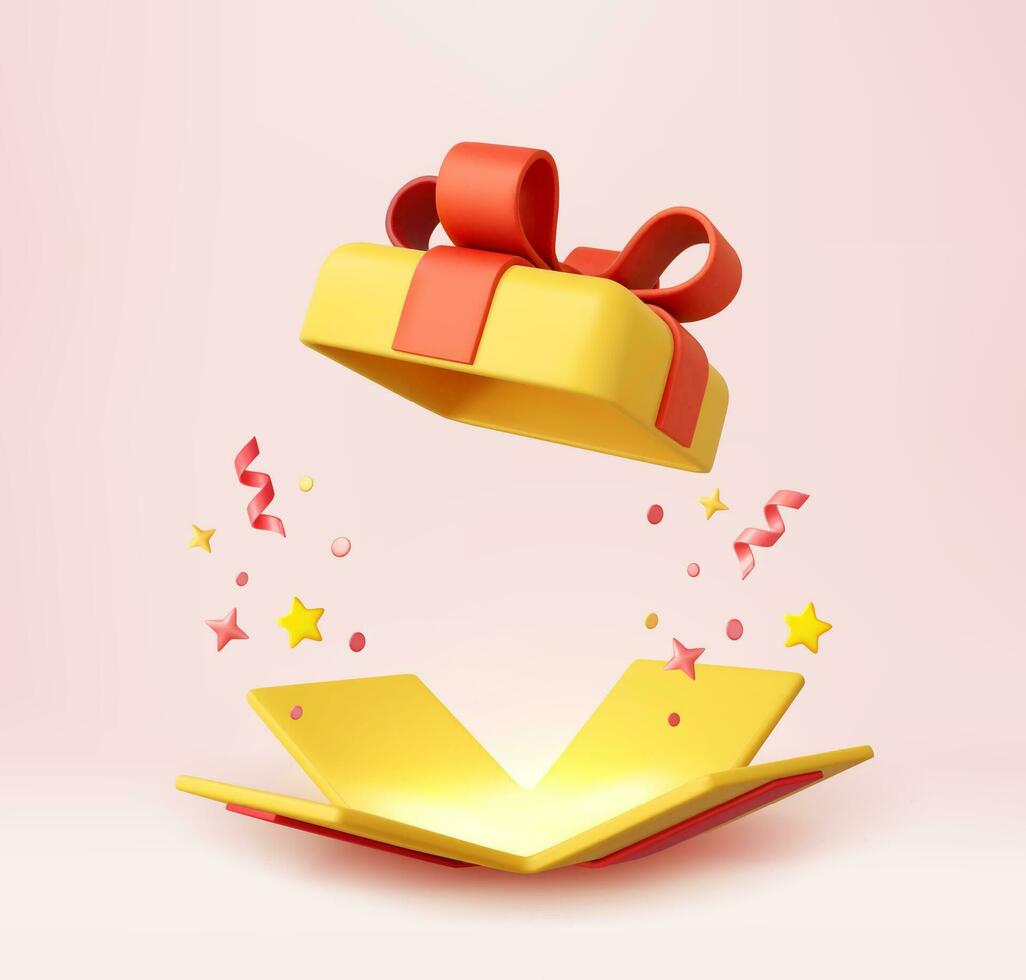 3d schattig verrassing geschenk doos met vallend confetti vector