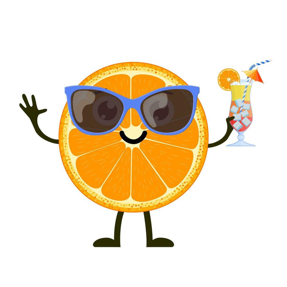 grappig oranje karakter met menselijk gezicht en cocktail glas hebben pret Bij feest. kleurrijk zomer ontwerp. vector illustratie in vlak stijl
