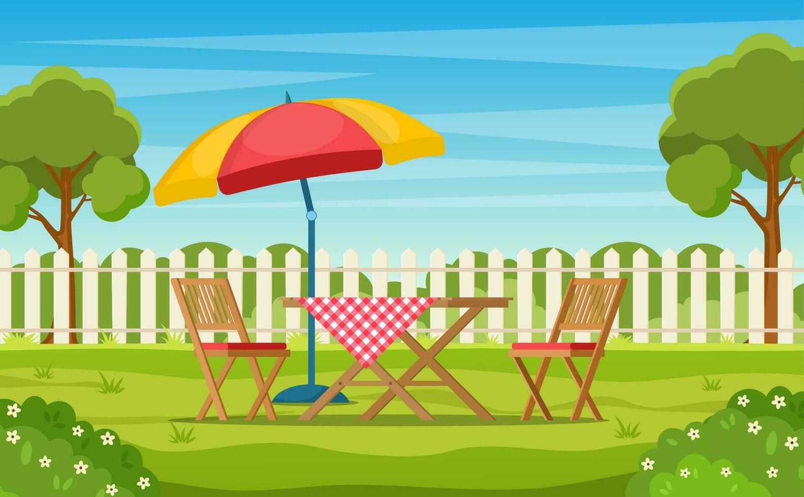 huis achtertuin met groen gras gazon, bomen en struiken. tekenfilm tafel en stoelen tuin modern meubilair met groot paraplu. buitenshuis Oppervlakte voor bbq zomer partijen. vector illustratie in vlak stijl