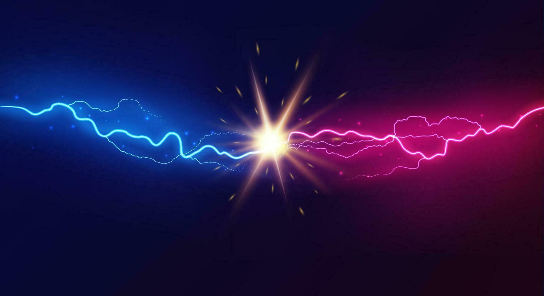 bliksem botsing. krachtig gekleurde bliksem, elektrisch krachten blikseminslag botsen elektrisch energie sprankelend ontploffing, vector versus helder ontwerp confrontatie concept