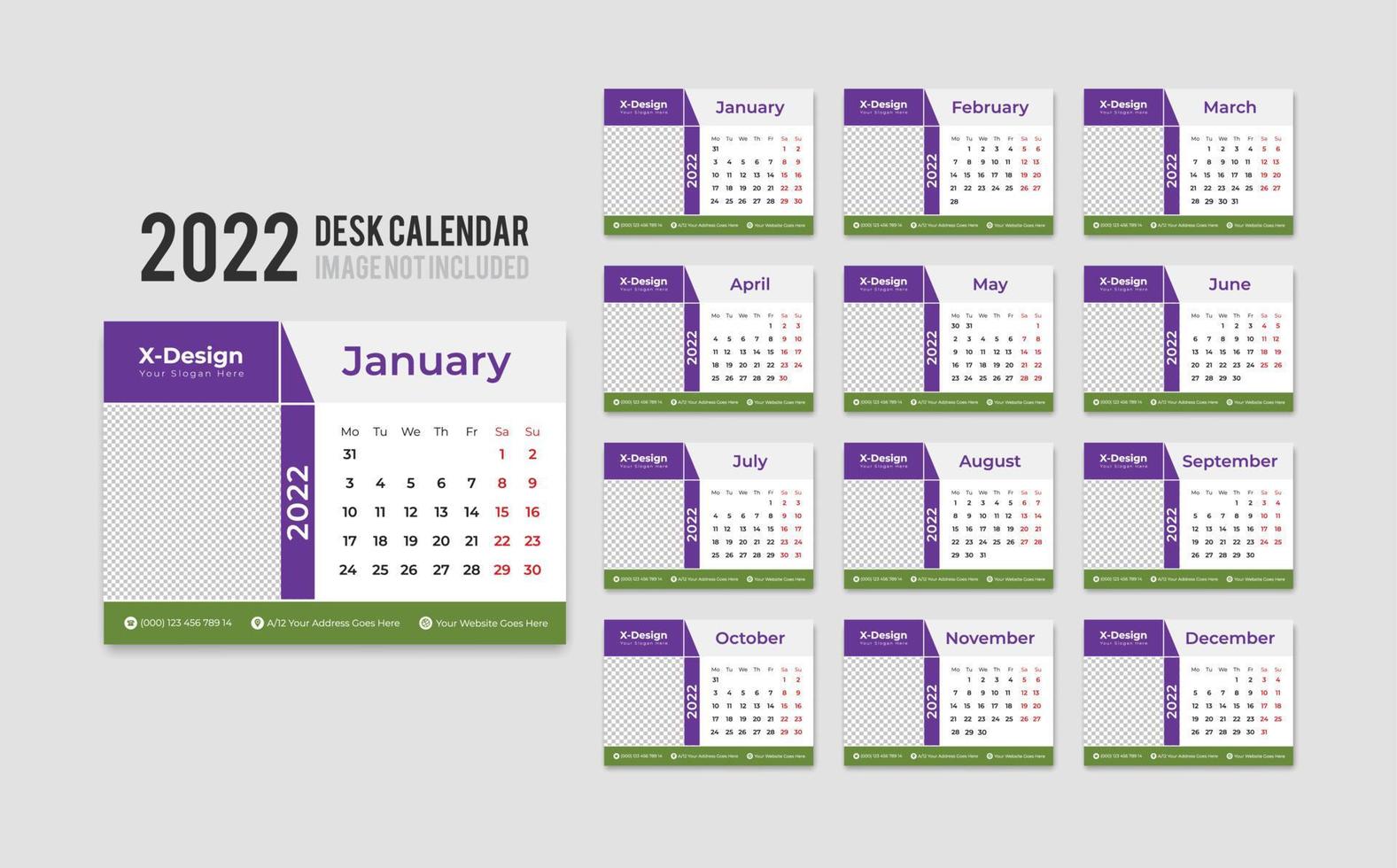 afdrukklare bureaukalendersjabloon voor 2022 jaar, desktop maandelijkse kantoorkalender 2022 week begint op maandag, jaarlijkse planner vector