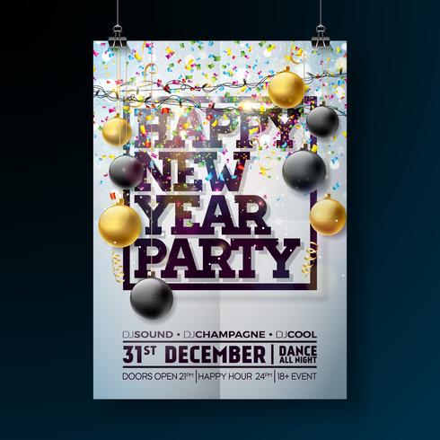 Nieuwe jaar partij viering Poster sjabloon illustratie met typografie ontwerp, glazen bal en dalende confetti op glanzende kleurrijke achtergrond. Vector vakantie Premium uitnodiging Flyer of Promo Banner.