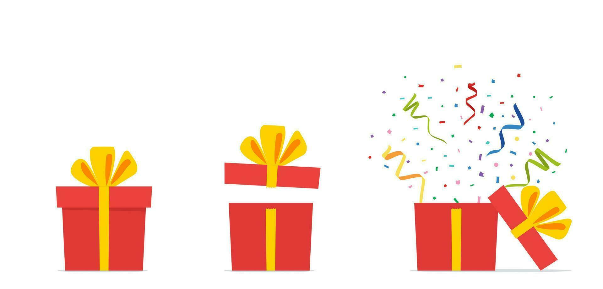 verrassing geschenk dozen. geopend geschenk doos met confetti. Cadeau dozen. sjabloon ontwerp voor verjaardag viering evenement, presenteert, kerstmis. vector illustratie in vlak stijl