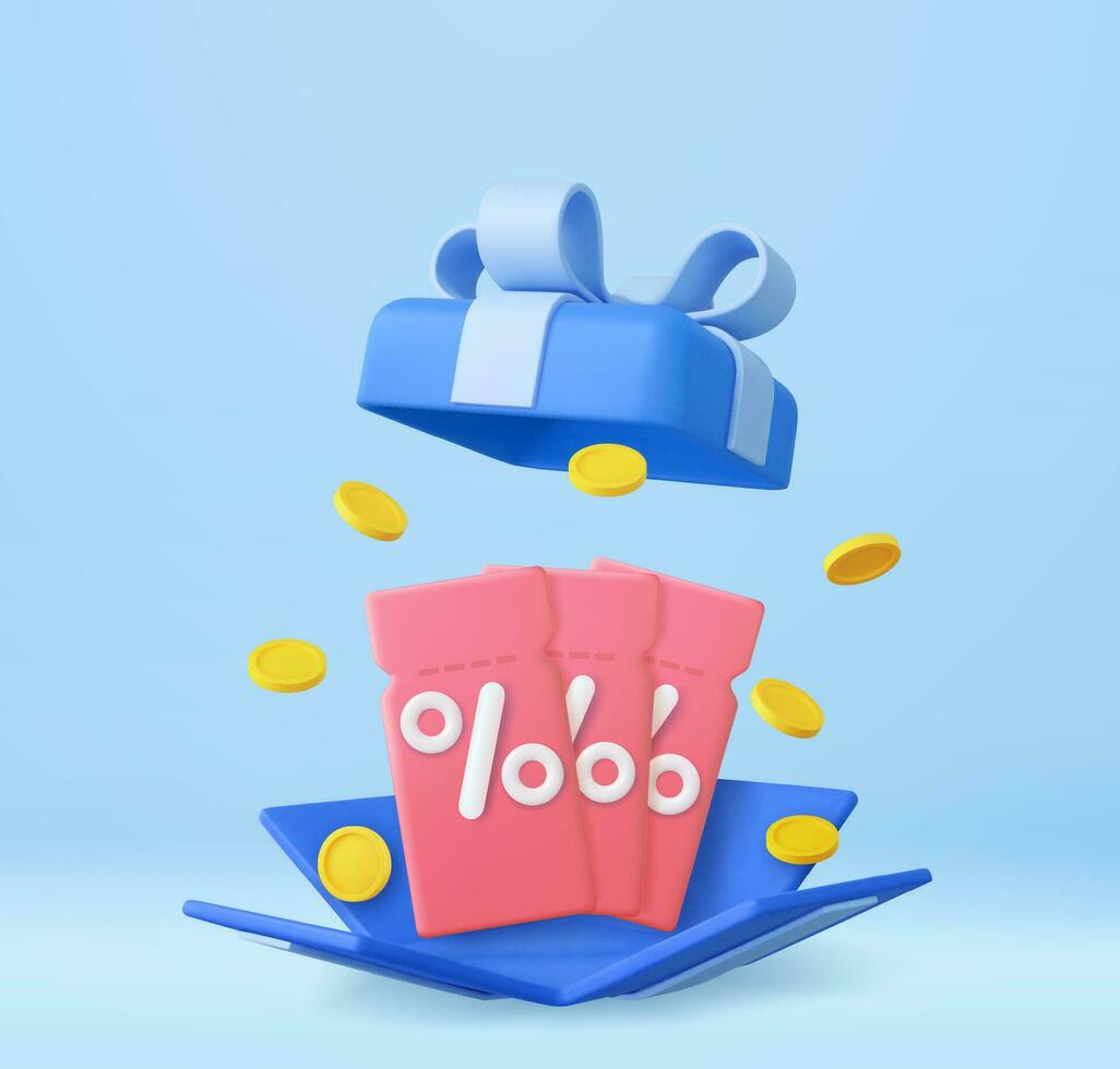 3d Open geschenk doos verrassing met korting coupon, verdienen punt concept, loyaliteit programma en krijgen beloningen. online boodschappen doen bonus. 3d weergave. vector illustratie