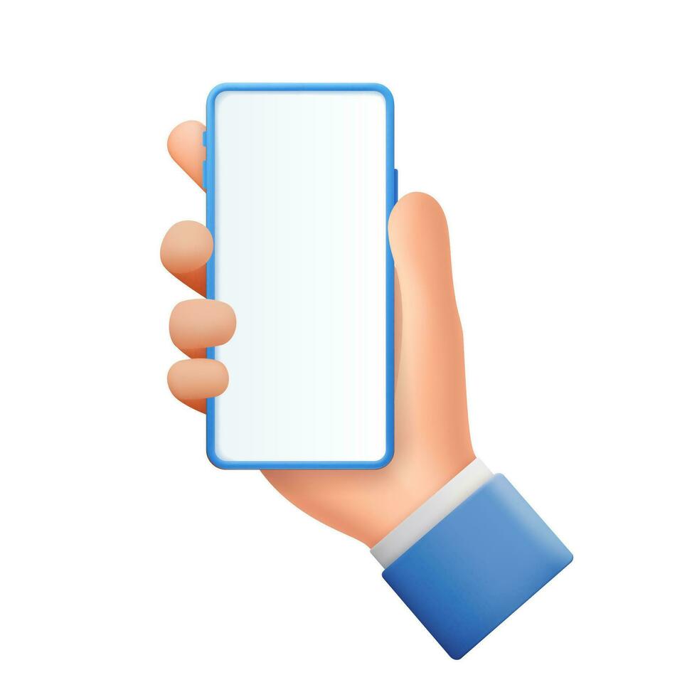 3d tekenfilm hand- Holding smartphone geïsoleerd Aan wit achtergrond, hand- gebruik makend van mobiel telefoon model. 3d geven vector illustratie.