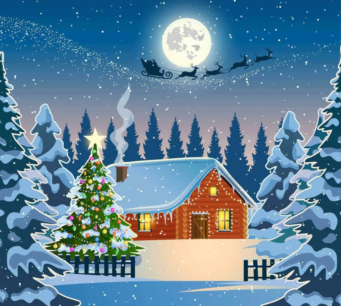 winter sneeuw landschap en huizen met Kerstmis boom. concept voor groet of post- kaart. achtergrond met maan en de silhouet van de kerstman claus vliegend Aan een slee. vector illustratie.