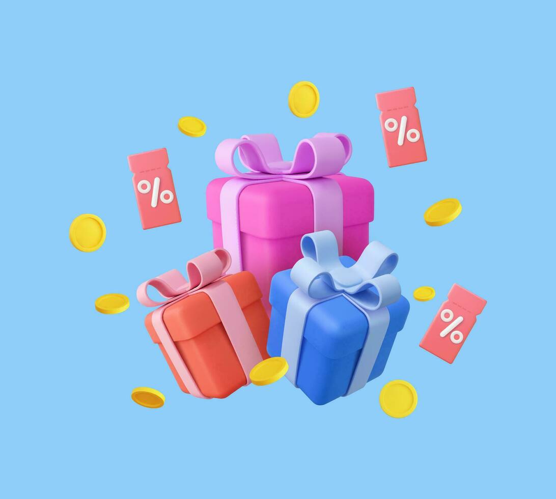 3d korting coupon met percentage teken en vliegend cadeaus doos, munt. voor online verkoop en gunstig prijzen. tegoedbon kaart sjabloon ontwerp met coupon code Promotie. 3d weergave. vector illustratie