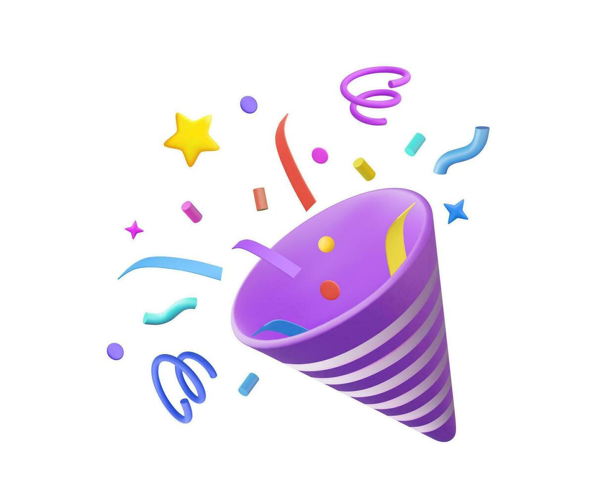 3d partij popper met explosie confetti. verjaardag verrassing. voetzoeker met serpentijn. vakantie en evenement viering. 3d weergave. vector illustratie