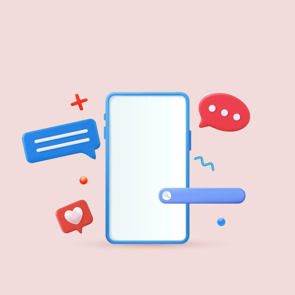 3d geven sociaal media en technologie met smartphone, Leuk vinden knop en meetkundig vormen, chatten. online sociaal communicatie toepassingen concept. vector illustratie.