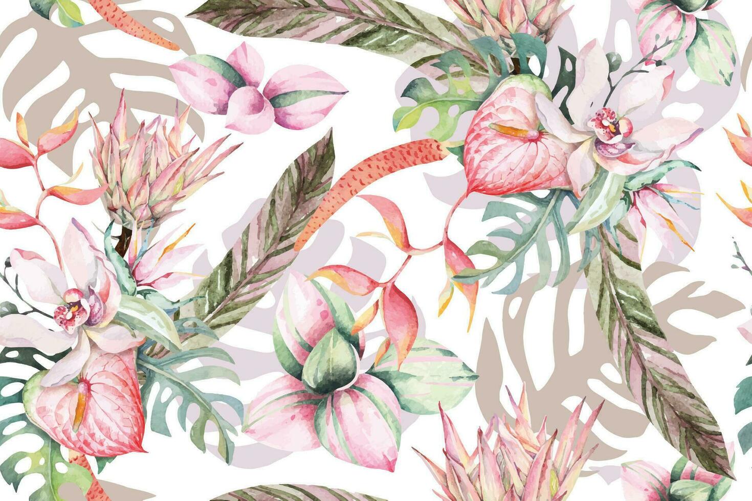 naadloos patroon van Monstera, palm bladeren, anthurium, orchidee, tropisch fabriek geschilderd in aquarel.voor kleding stof en behang ontwerpen van de bos.natuurlijk voordeel patroon achtergrond. vector