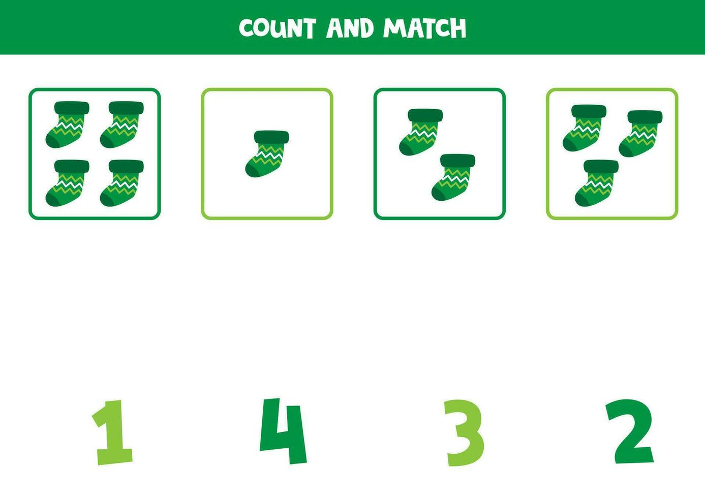 tellen spel voor kinderen. tellen allemaal groen sokken en bij elkaar passen met nummers. werkblad voor kinderen. vector