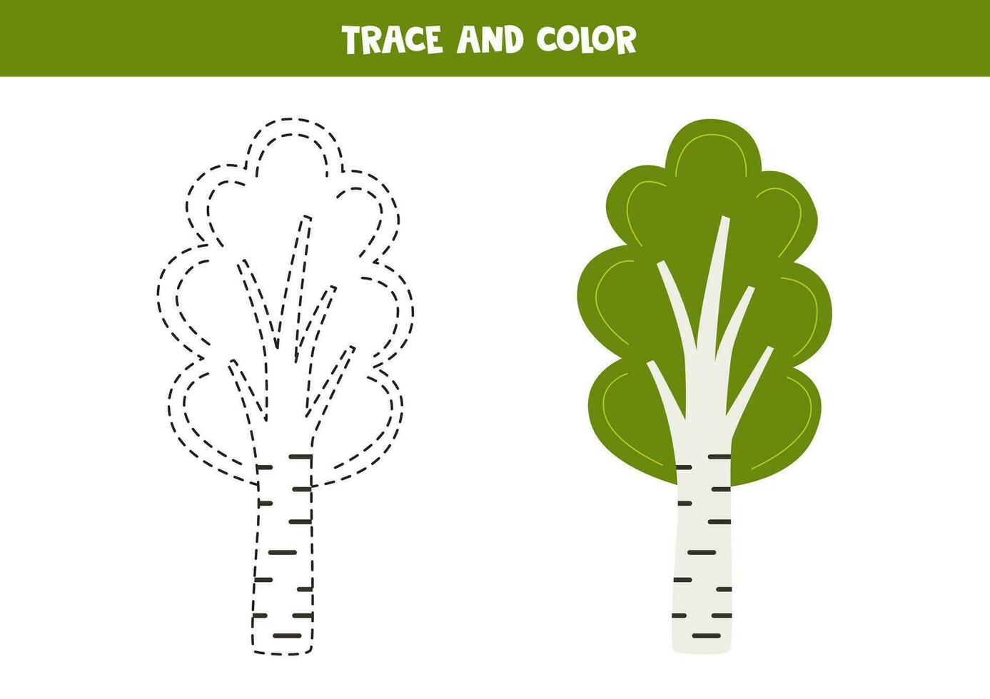 spoor en kleur schattig berk boom. werkblad voor kinderen. vector