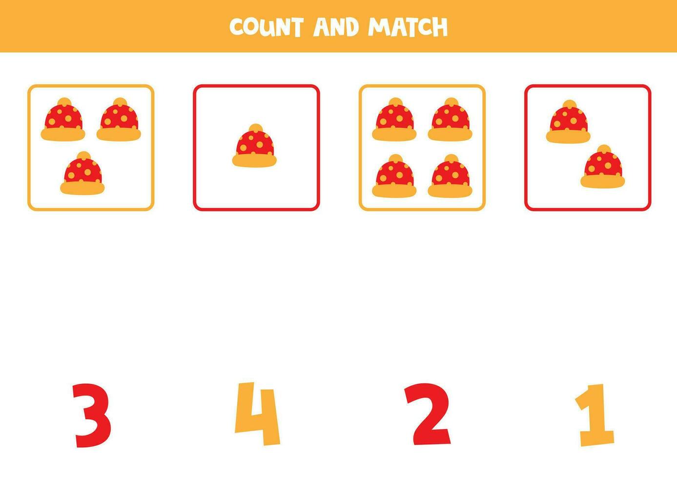 tellen spel voor kinderen. tellen allemaal rood winter petten en bij elkaar passen met nummers. werkblad voor kinderen. vector