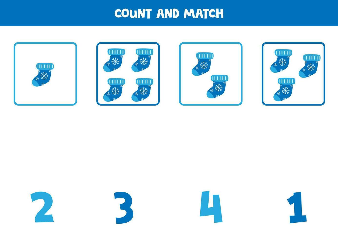 tellen spel voor kinderen. tellen allemaal blauw sokken en bij elkaar passen met nummers. werkblad voor kinderen. vector