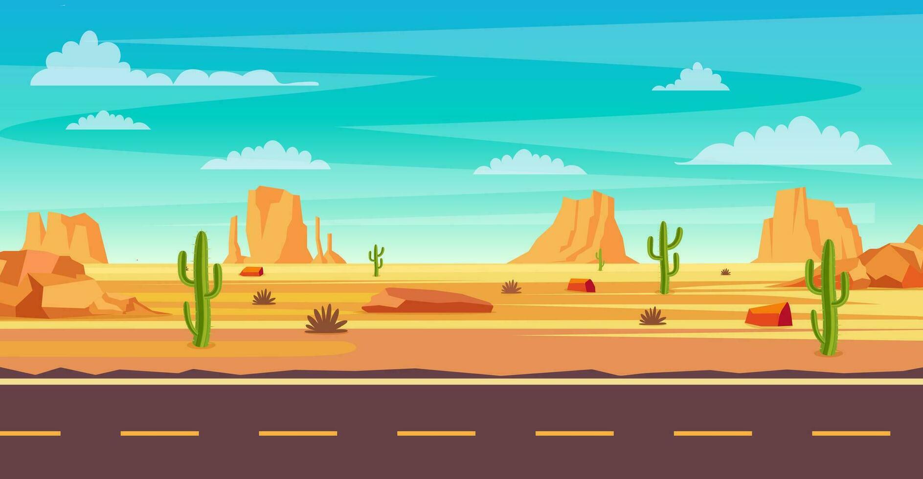 woestijn landschap. cactus planten, weg en rotsen Aan de zand. natuurlijk achtergrond. landschap Arizona of Mexico heet zand. tekenfilm wild west Texas. vector illustratie in vlak stijl