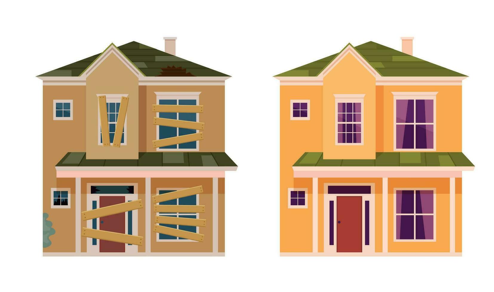 verlaten huis. huis vernieuwing. huis voordat en na reparatie. nieuw en oud buitenwijk huisje. vector illustratie in een vlak stijl