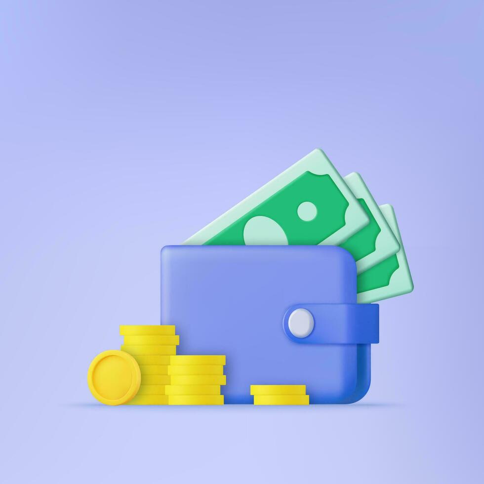 3d cashback en geld terugbetaling icoon concept. geld portemonnee met groen papier dollars en goud munten. bedrijf financieel investering. vector illustratie