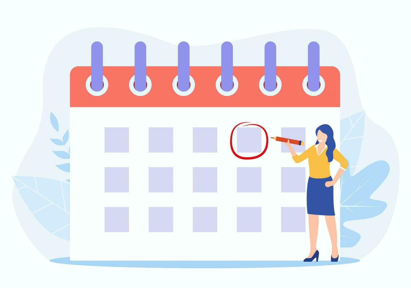 vrouw cirkel datum Aan kalender planning belangrijk er toe doen. tijd beheer en deadline concept, werk organisatie en leven evenementen kennisgeving, memo herinnering. vector illustratie in vlak stijl