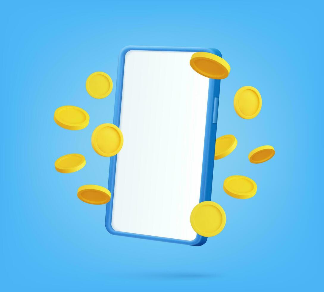 3d geven goud munten vliegend De volgende naar telefoon. mobiel slim telefoon met goud dollar munten explosie. winnaar concept. vector illustratie