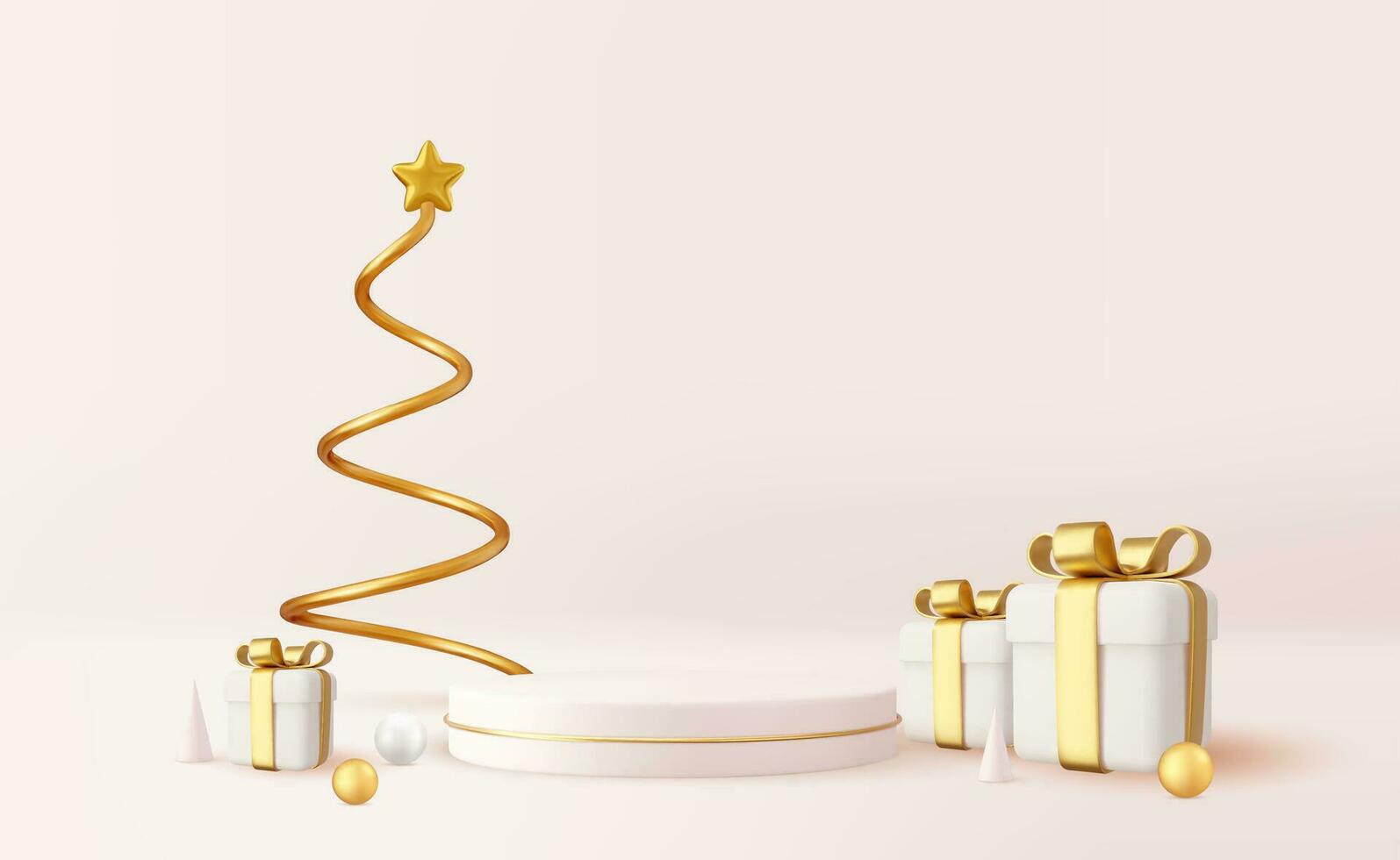 3d Kerstmis ontwerp, gouden metalen ijshoorntje spiraal boom met geschenk dozen en podium. Kerstmis en nieuw jaar achtergrond. 3d weergave. vector illustratie