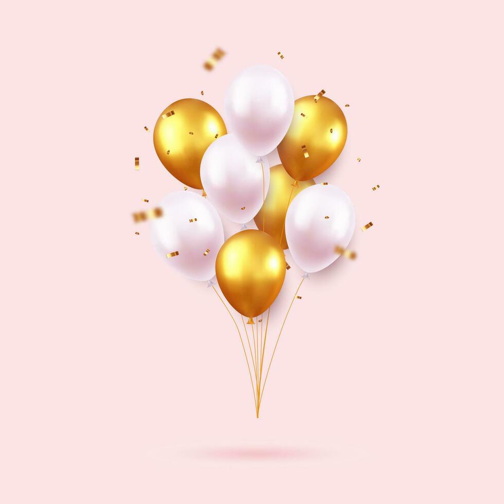 3d realistisch kleurrijk gelukkig verjaardag ballonnen met gouden confetti vliegend voor partij en feesten. voor kaart, partij, folder, poster, decor, banier, web, reclame. 3d weergave. vector illustratie