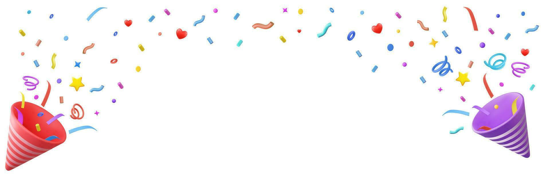 3d renderen van partij popper en confetti met kopiëren ruimte. verjaardag verrassing. voetzoeker met serpentijn. vakantie en evenement viering. 3d weergave. vector illustratie
