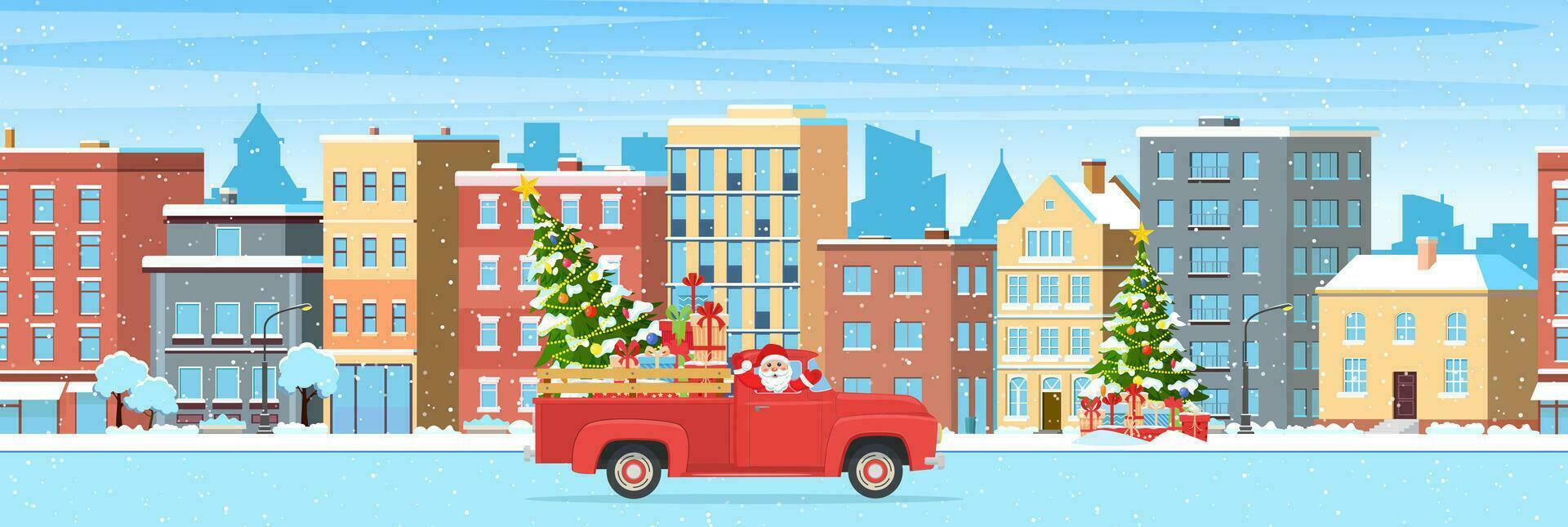 gelukkig nieuw jaar en vrolijk Kerstmis winter stad- straat. Kerstmis landschap kaart ontwerp van retro auto met giftbox en Kerstmis boom Aan de top. vector illustratie