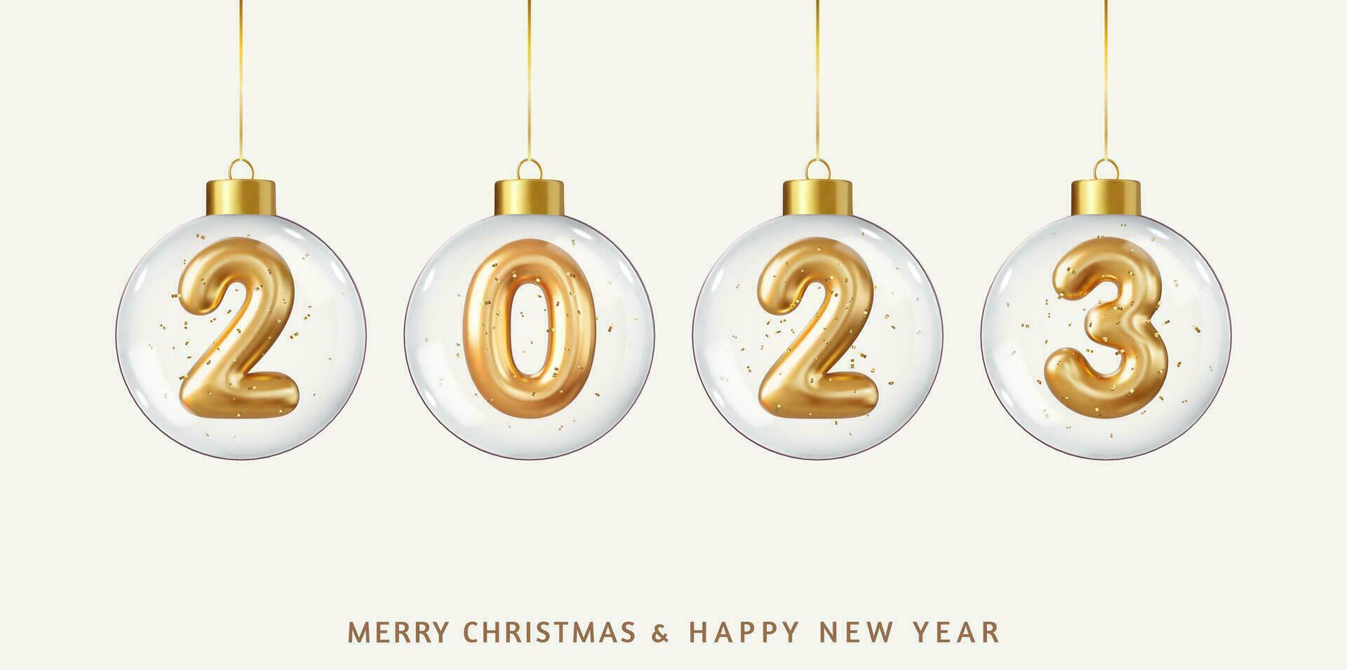 3d Kerstmis en nieuw jaar 2023 groet kaart met ballen,, lint, confetti. gouden aantal in glas snuisterij. Kerstmis poster, banier, Hoes kaart, brochure folder. 3d weergave. vector illustratie